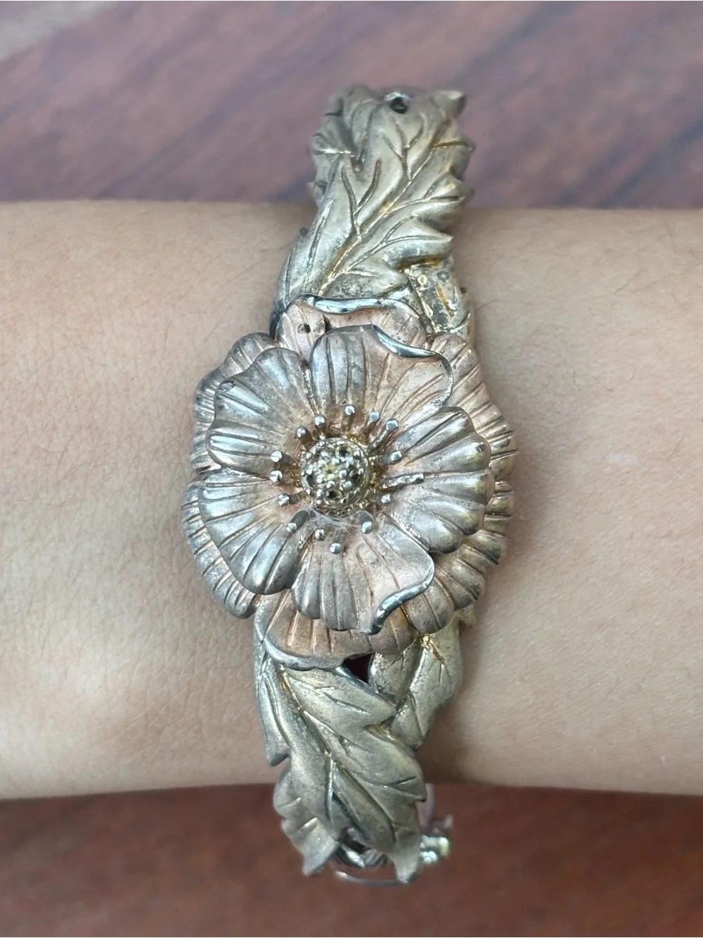 Vintage 925 Sterling Silver Floral Flower Leaf Botanical Statement Bracelet 8”